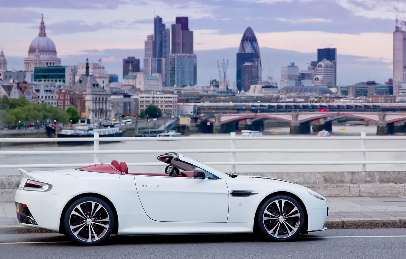 Photo wallpaper auto, white, the city, Aston Martin, sports car, convertible, V12, Antage
