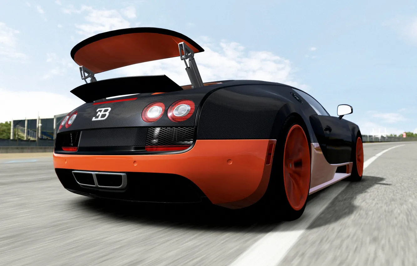 Photo wallpaper the sky, clouds, speed, track, Bugatti, Veyron, spoiler, Supersport