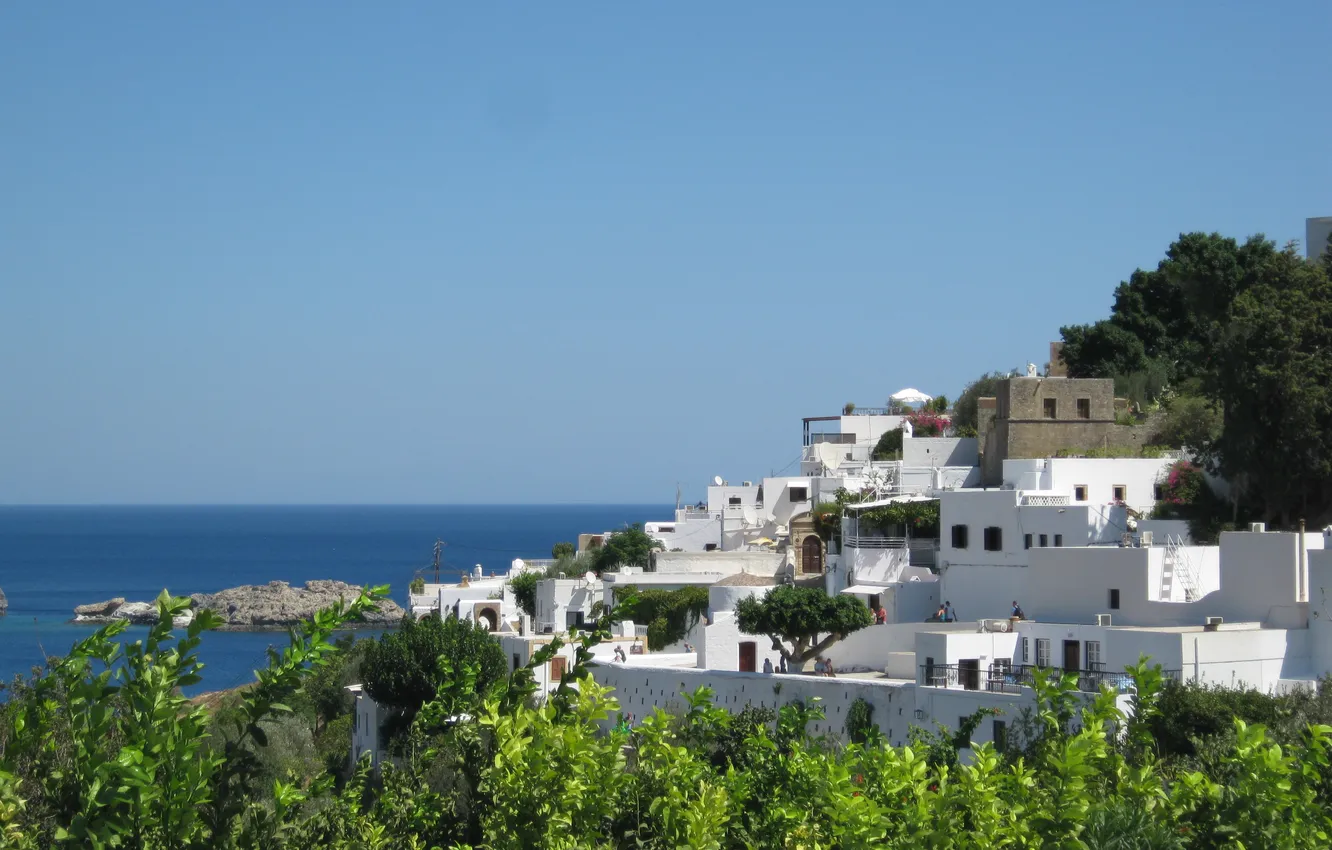 Photo wallpaper sea, the sky, Greece, Bay, Lindos, white houses, the island of Rhodes, blue and white