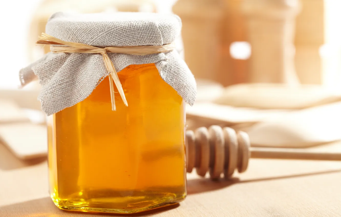 Photo wallpaper table, honey, jars, spoon, Bank, sweet
