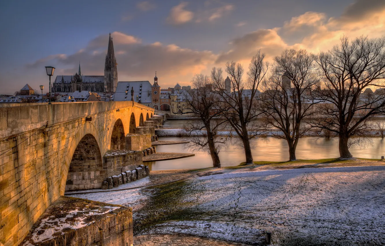 Photo wallpaper trees, sunset, clouds, bridge, the city, shore, the evening, Germany