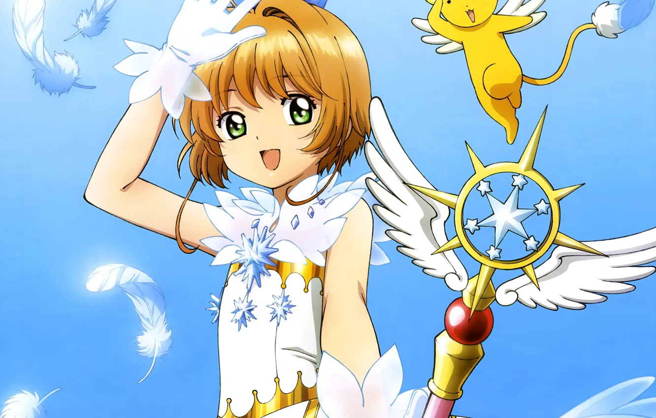 Photo wallpaper the sky, smile, wings, angel, girl, Card Captor Sakura, Sakura - collector cards