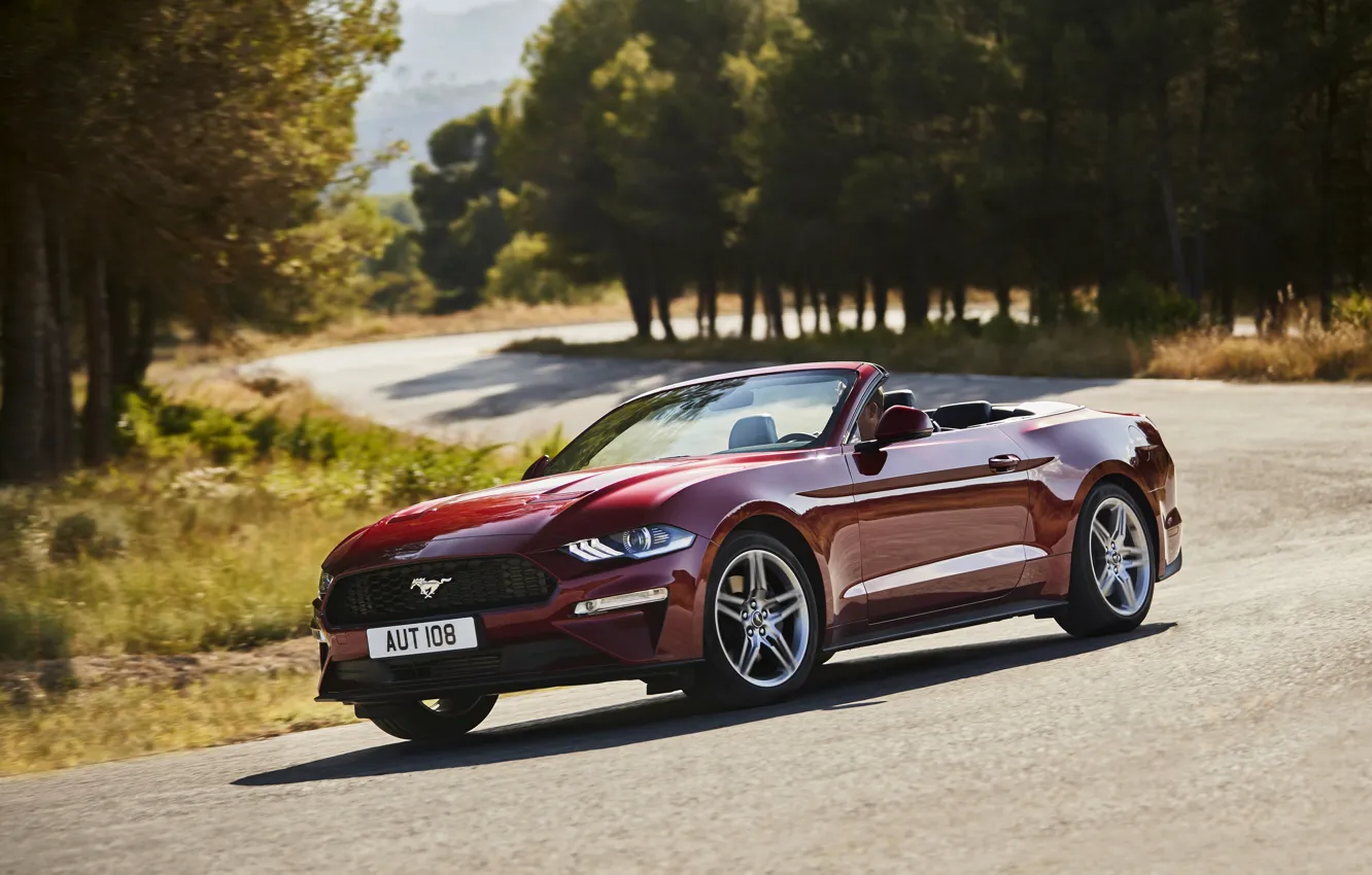 Photo wallpaper trees, Ford, turn, convertible, 2018, dark red, Mustang Convertible