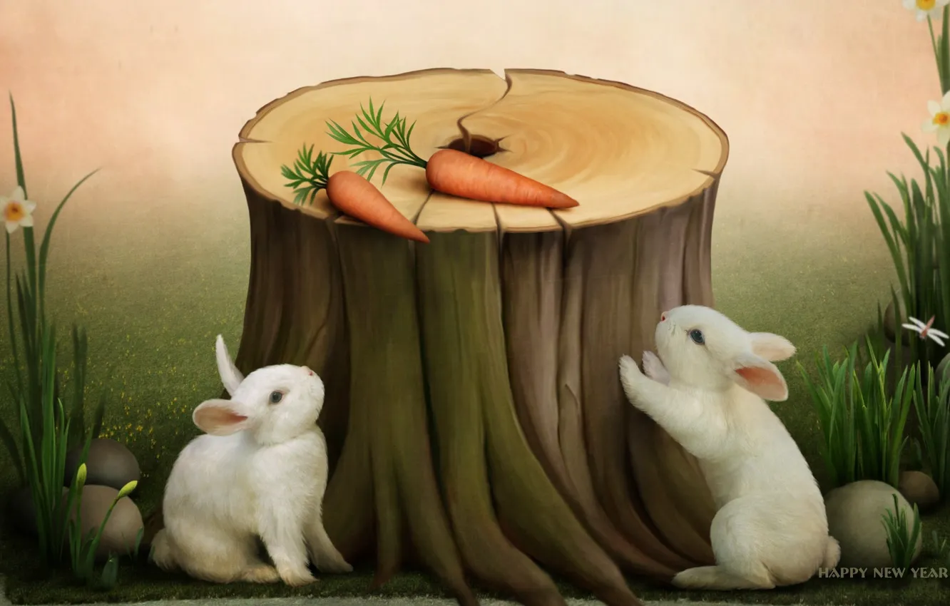 Photo wallpaper holiday, carrot, rabbit, stump, happy new year, congratulations, symbol of the year, postcard