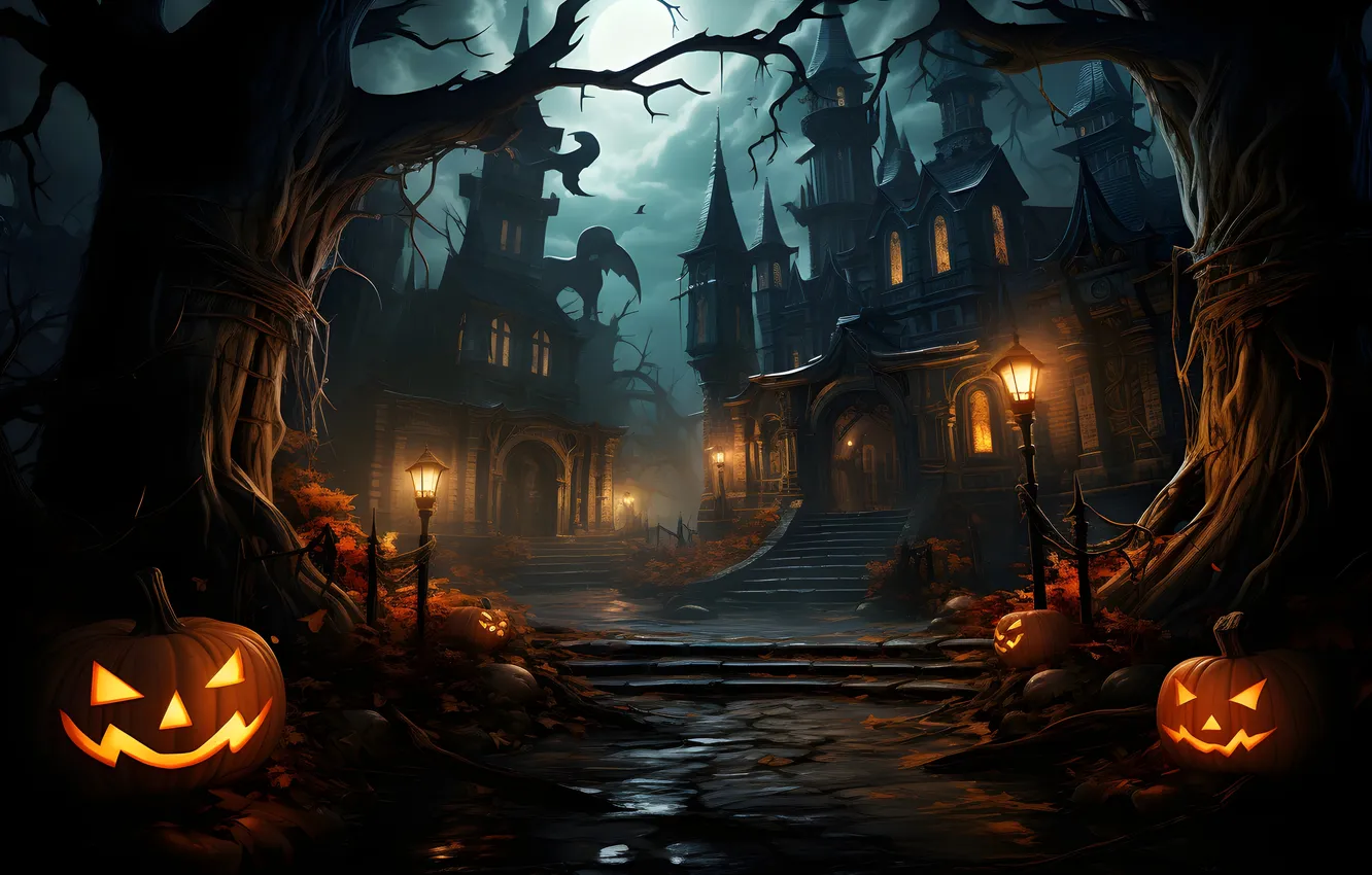 Photo wallpaper trees, night, the moon, home, Halloween, pumpkin, bats, Halloween