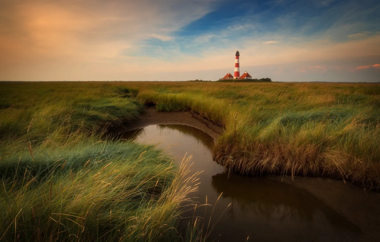 Photo wallpaper field, grass, stream, shore, lighthouse, river, pond