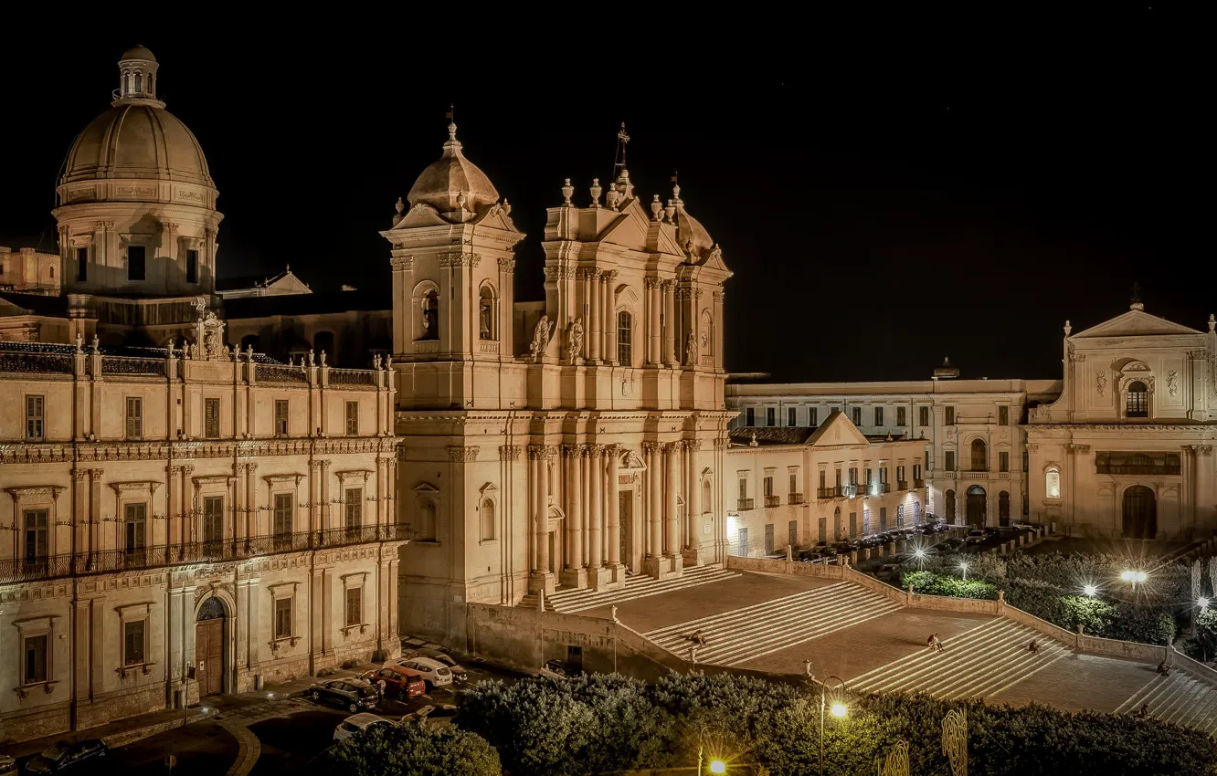 Photo wallpaper night, lights, Italy, Cathedral, Sicily, Noto