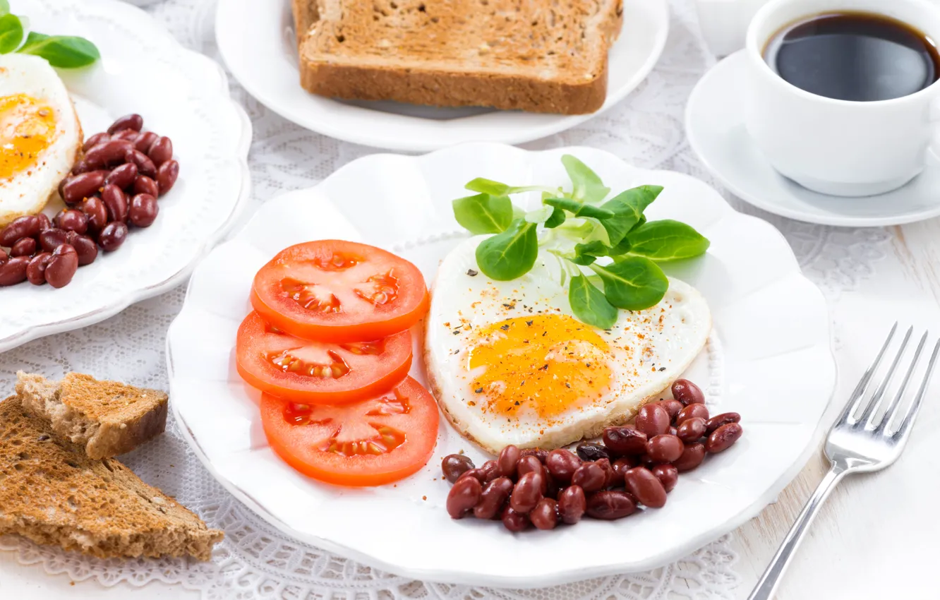Photo wallpaper coffee, food, plate, bread, scrambled eggs, tomatoes