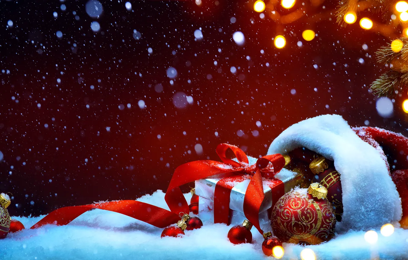 Photo wallpaper snow, decoration, holiday, gift, hat, ball, spruce