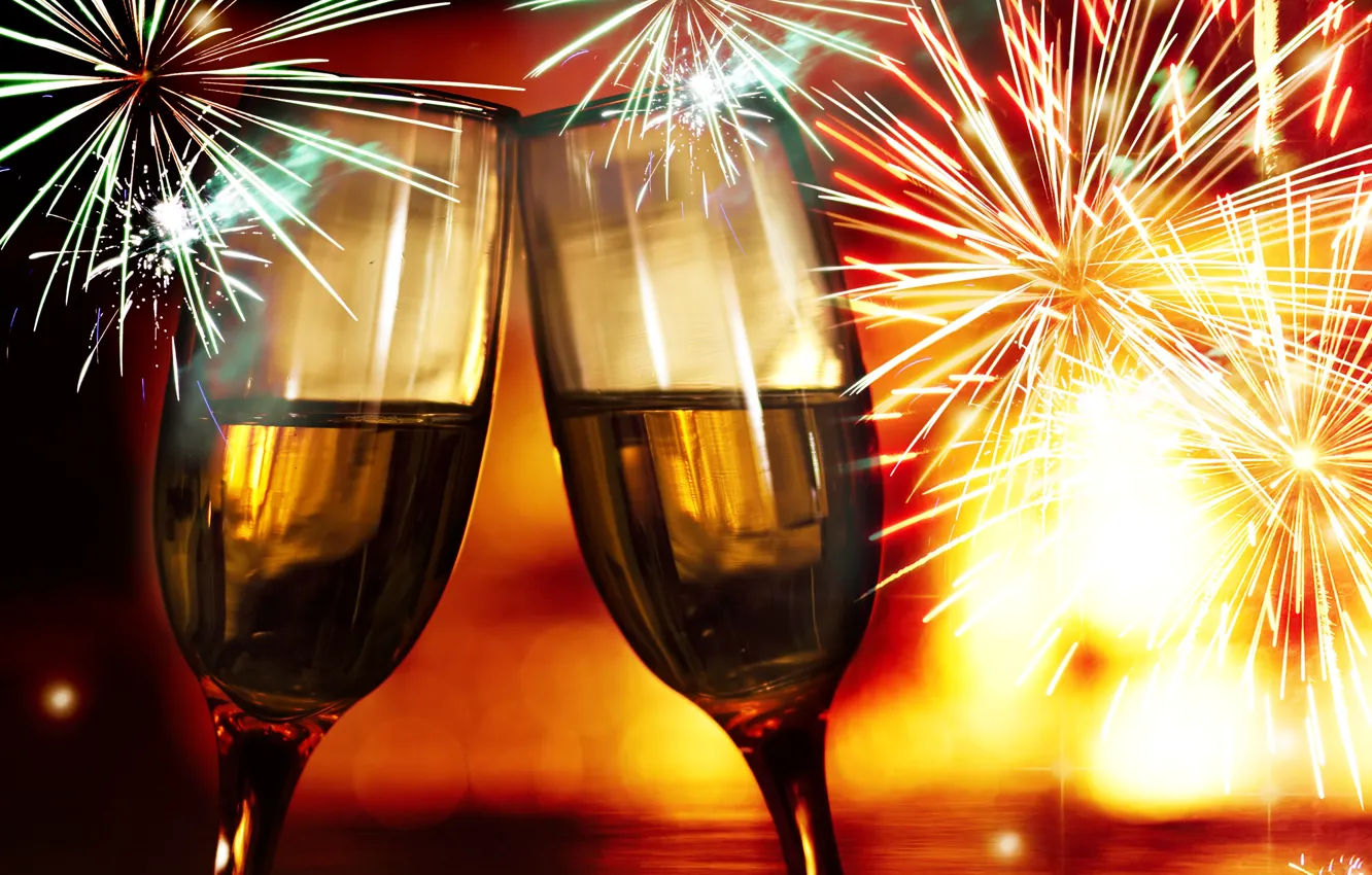 Photo wallpaper New Year, glasses, Christmas, drink, champagne, Christmas, fireworks, holidays