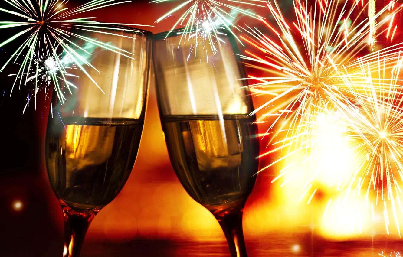 Photo wallpaper holiday, glass, new year, salute, Christmas, fireworks, drink, champagne