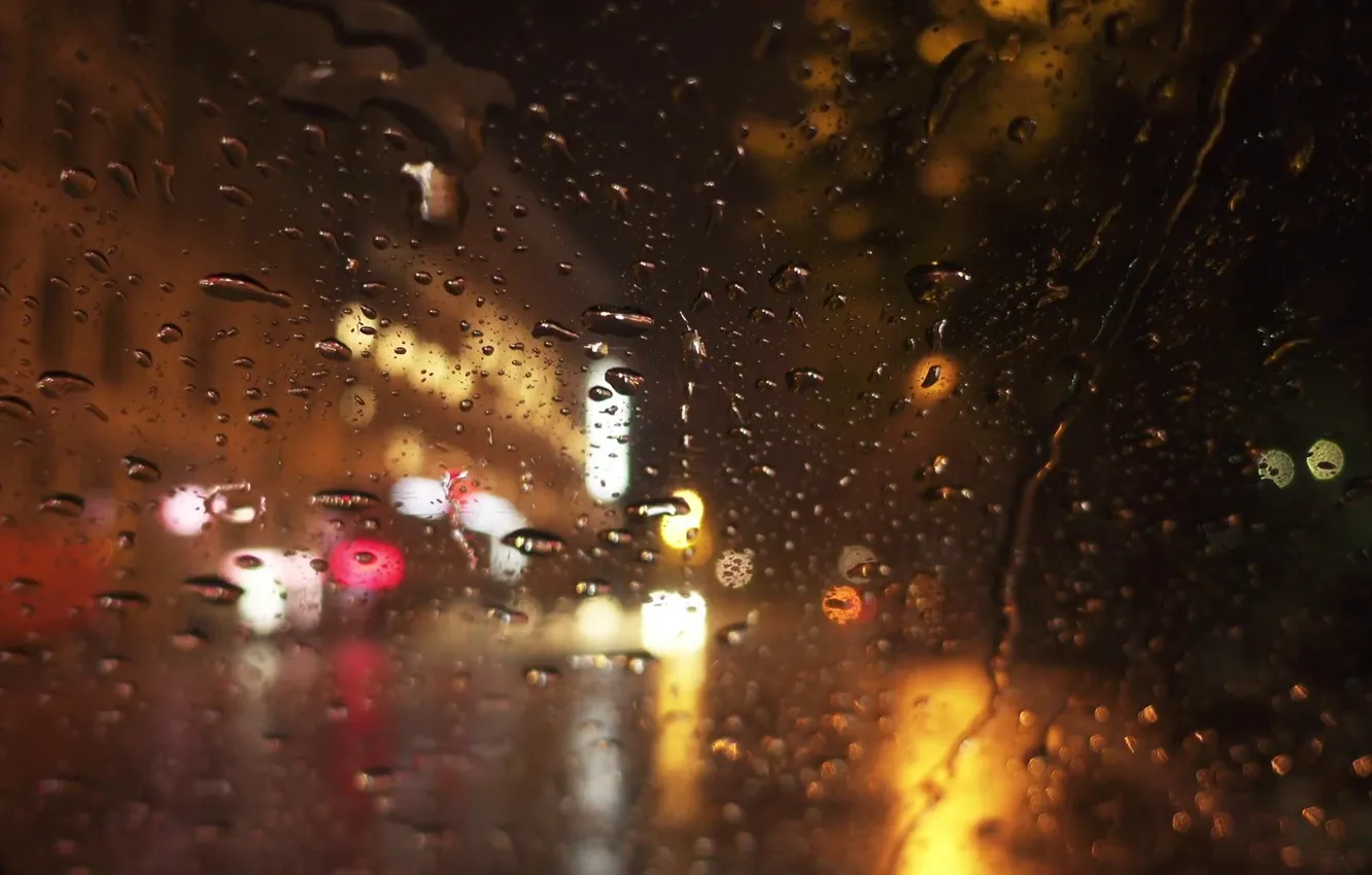Photo wallpaper glass, drops, the city, lights, rain, street, the evening, bokeh