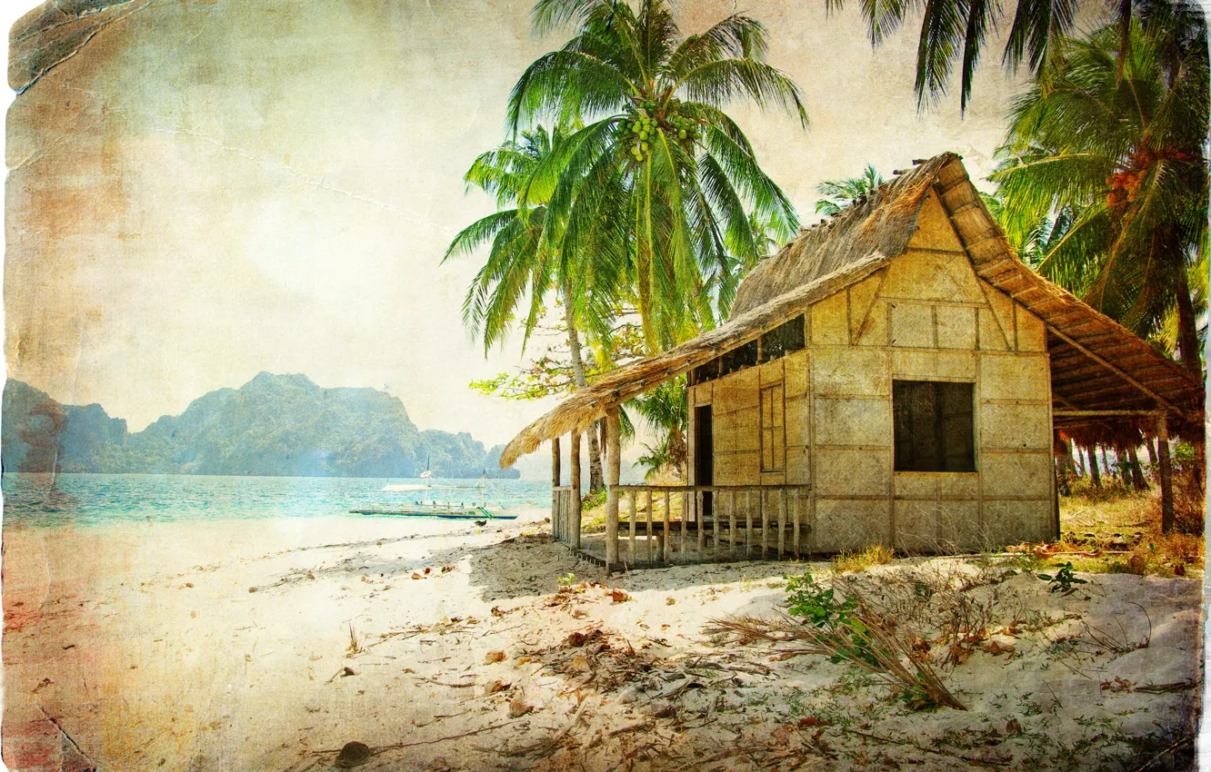 Photo wallpaper sea, beach, Palma, hut, boat, vintage, vintage, coconuts