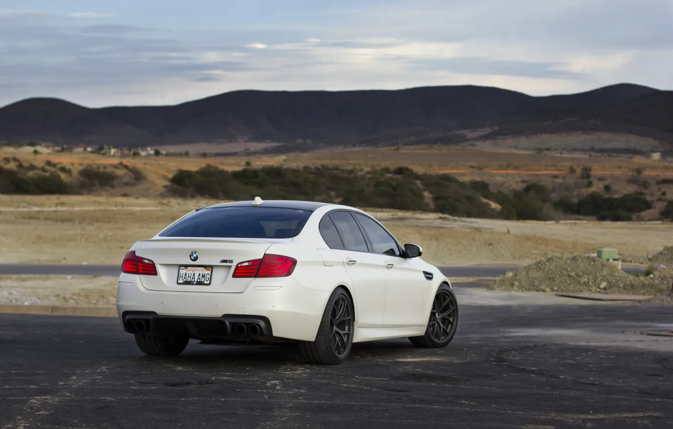 Photo wallpaper mountains, BMW, BMW, rear view, F10, the horizon line, Matte White, white matte
