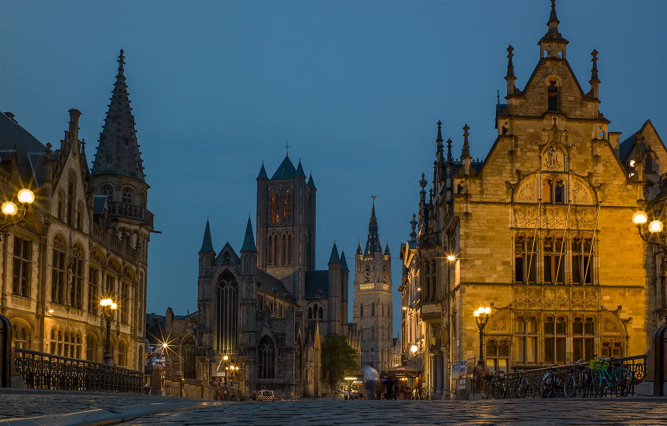 Photo wallpaper the sky, lights, people, home, the evening, pavers, Belgium, Flanders
