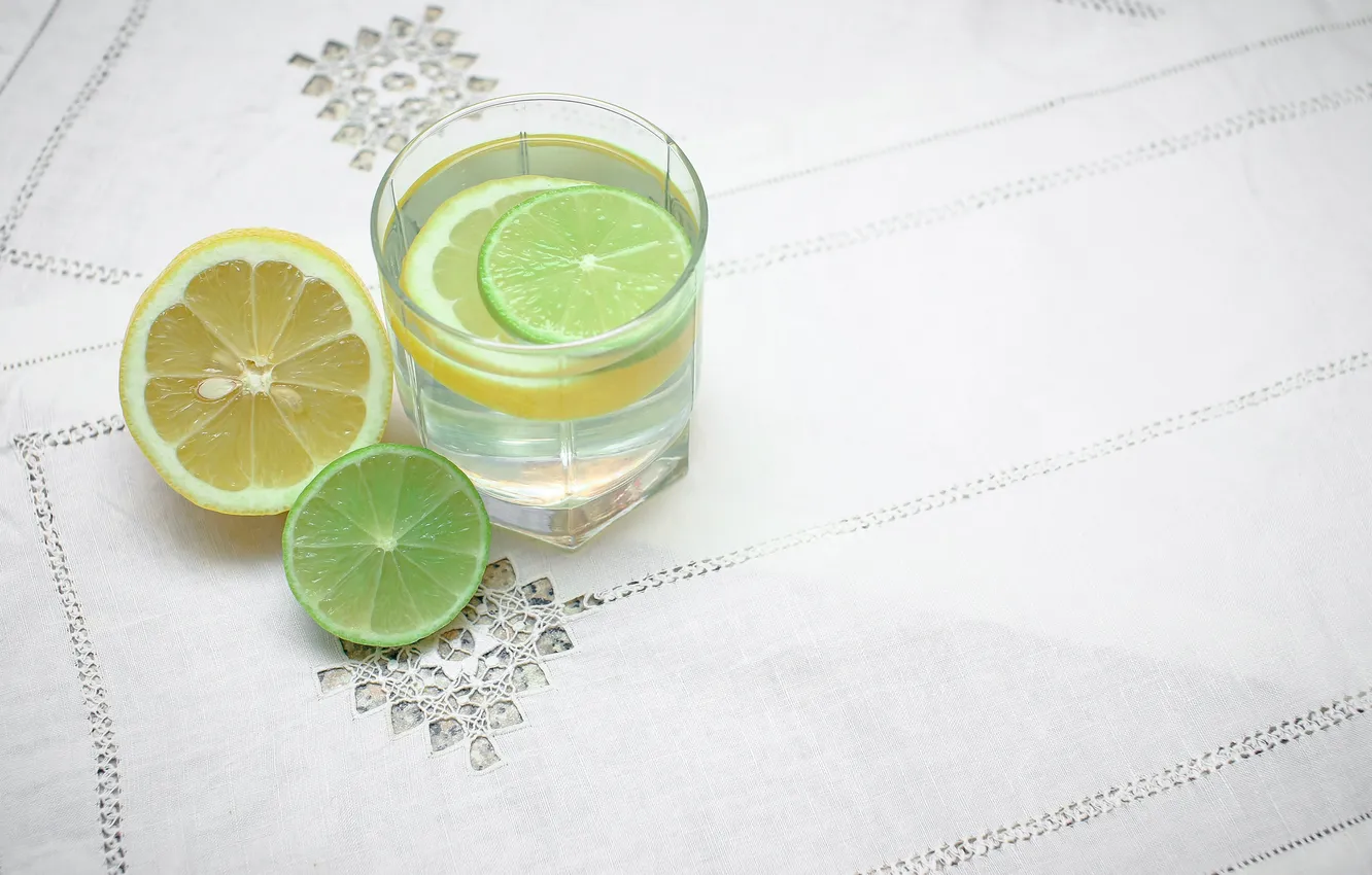 Photo wallpaper glass, table, lemon, lime, citrus
