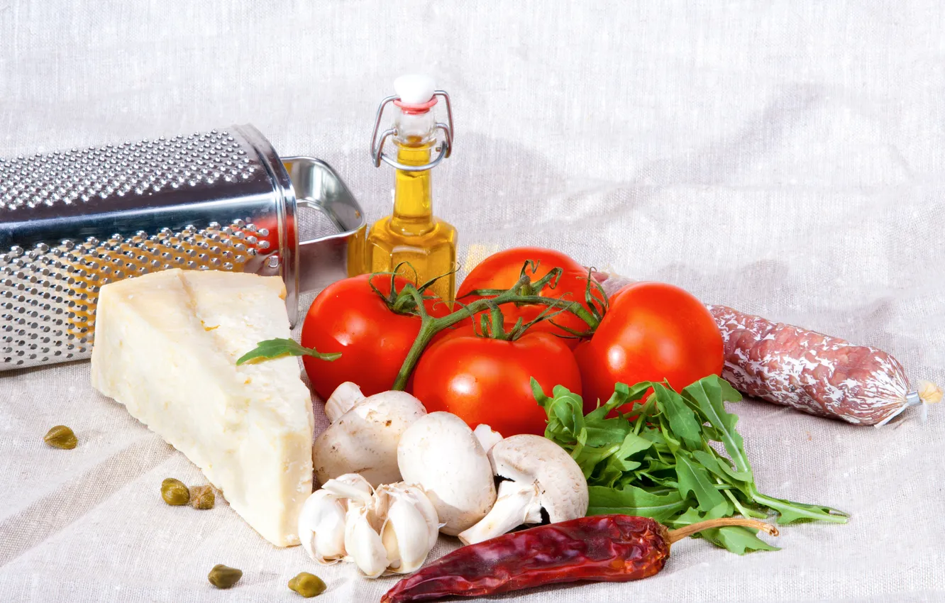 Photo wallpaper cheese, pepper, tomatoes, mushrooms, sausage, grater