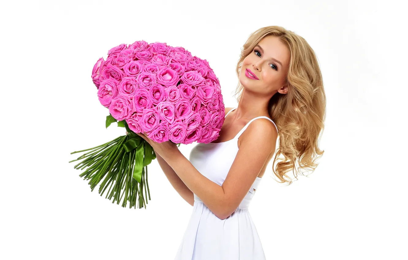 Photo wallpaper flowers, smile, roses, bouquet, makeup, dress, hairstyle, blonde
