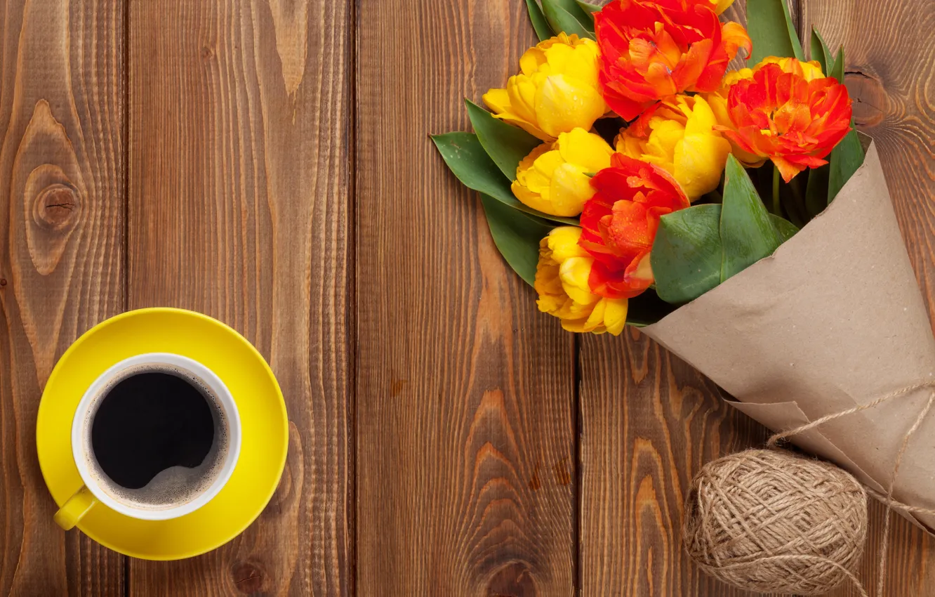 Photo wallpaper coffee, bouquet, colorful, tulips, yellow, flowers, cup, tulips