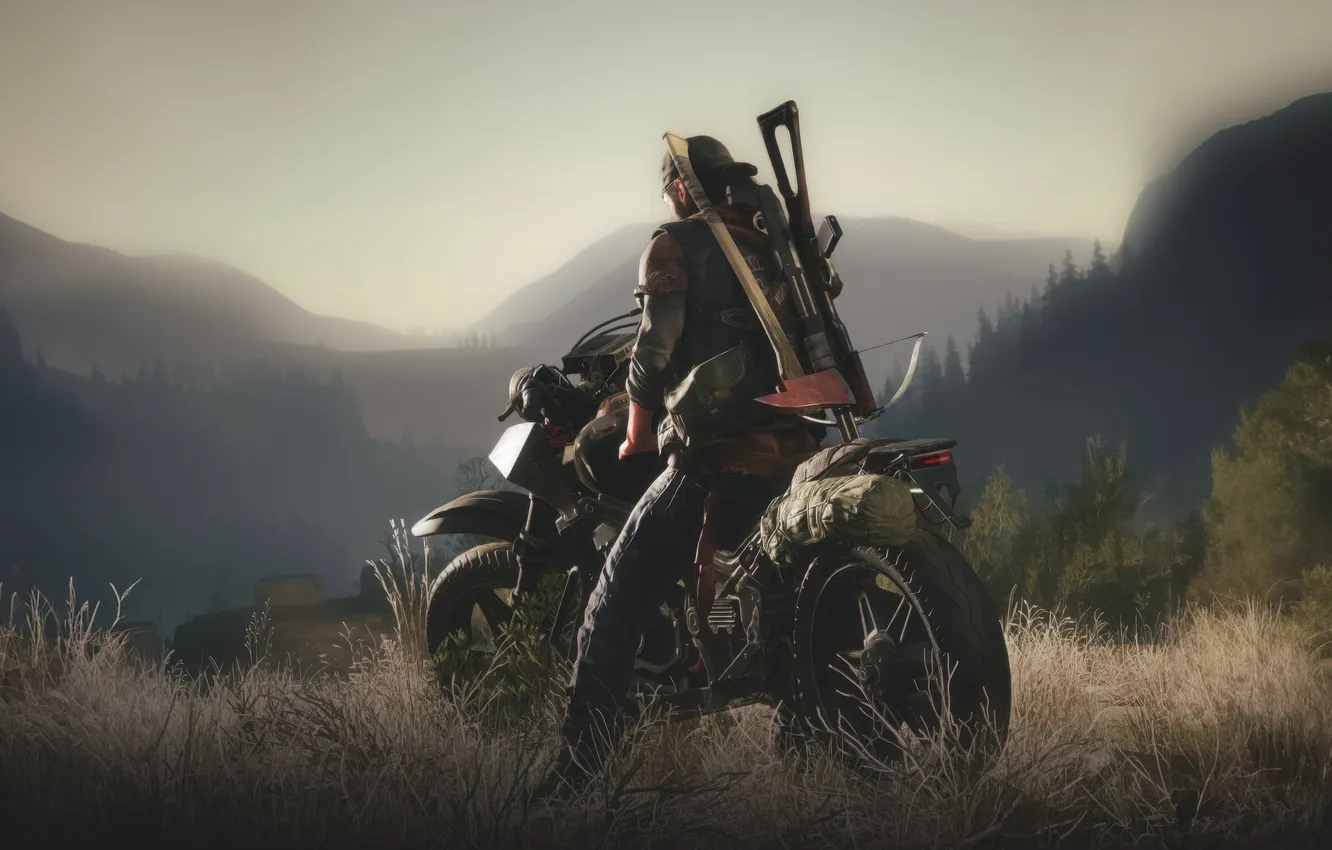 Photo wallpaper axe, zombie, man, survivor, cap, shotgun, crossbow, days gone