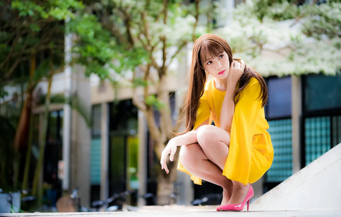 Photo wallpaper girl, Asian, cutie, in yellow, bokeh