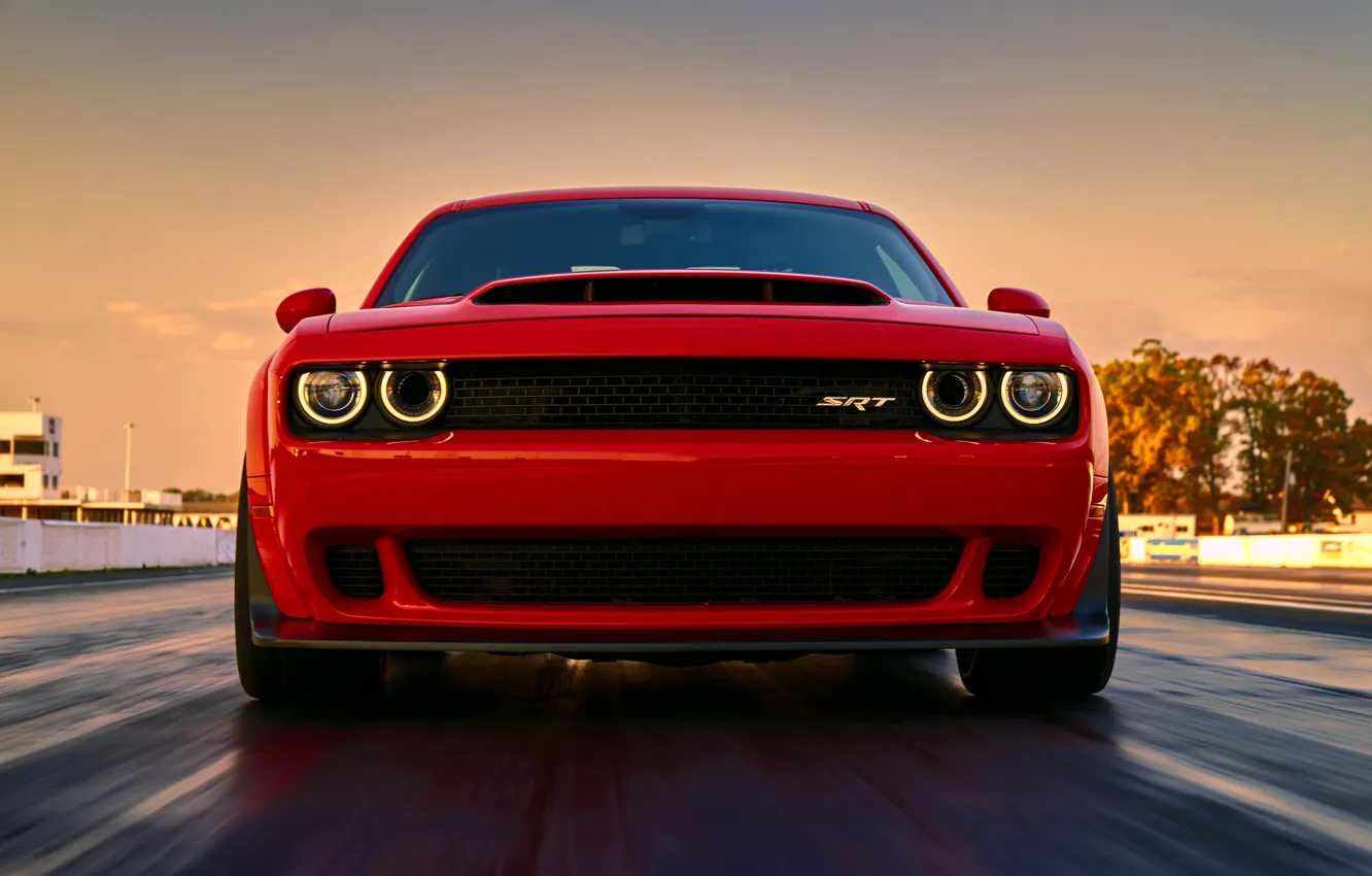 Photo wallpaper red, Dodge, Challenger, front view, oil CT, Dodge Challenger SRT Demon