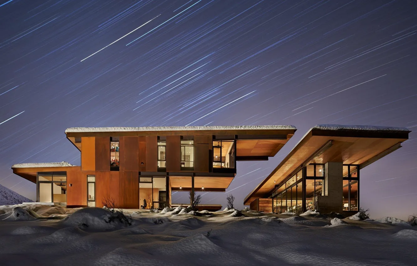 Photo wallpaper light, snow, house, Windows, house, star, modern, night