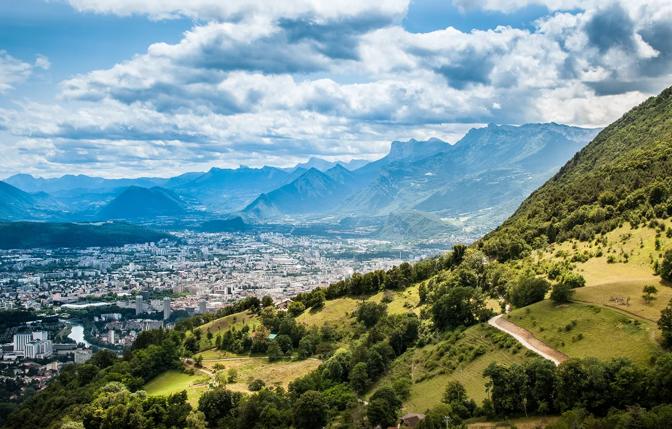 Photo wallpaper clouds, mountains, nature, city, the city, France, Lyon