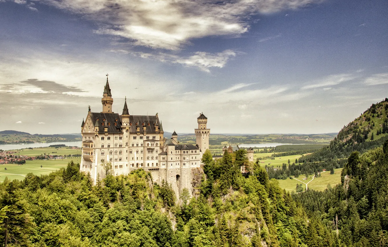 Photo wallpaper forest, the city, Germany, valley, Castle, Bayern, Neuschwanstein, South West