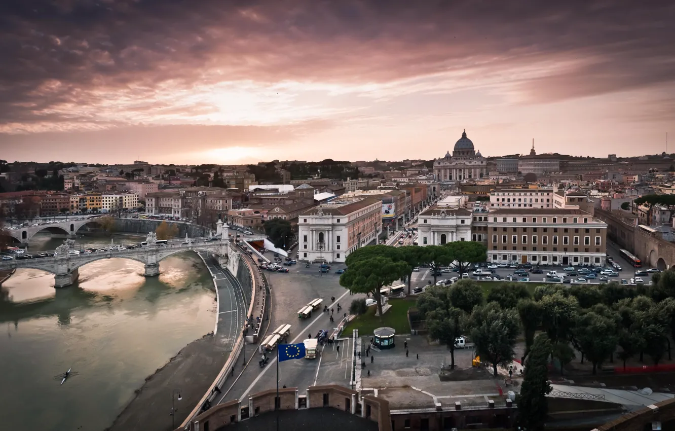 Photo wallpaper road, the sky, water, trees, bridge, the city, street, people
