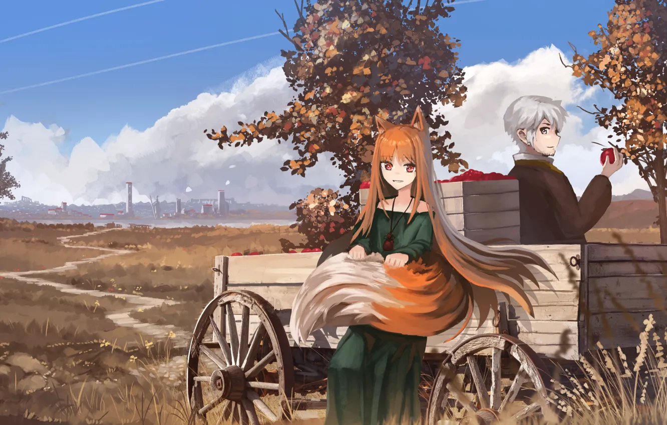 Photo wallpaper autumn, girl, apples, male, cart, wolf, Spice and Wolf, Horo
