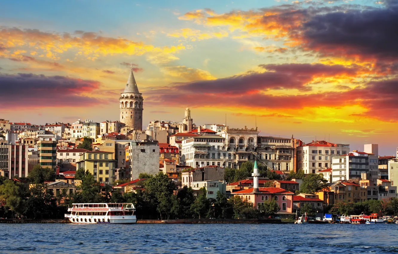 Photo wallpaper sunset, city, the city, ship, ferry, nature, sunset, Istanbul