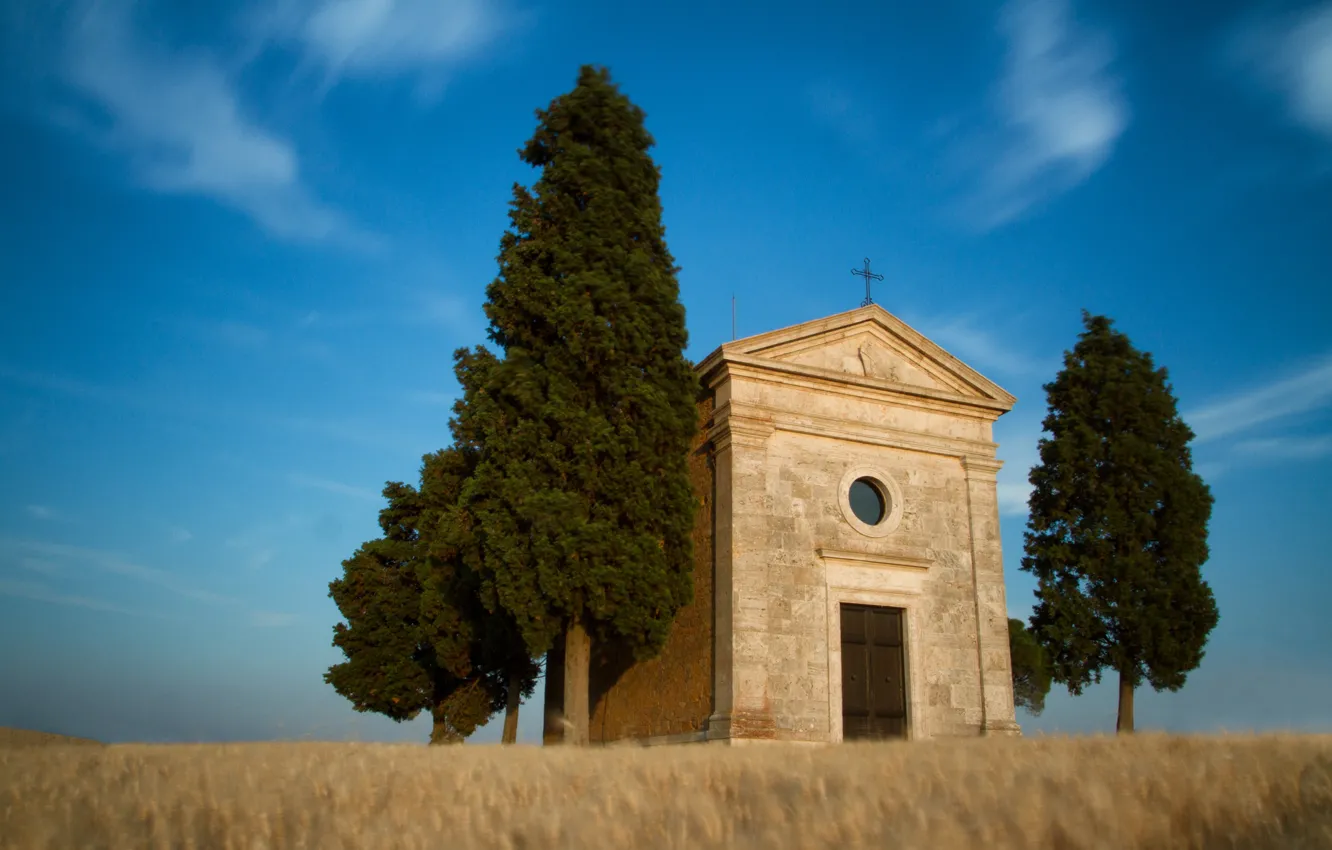 Photo wallpaper field, the sky, trees, Italy, chapel