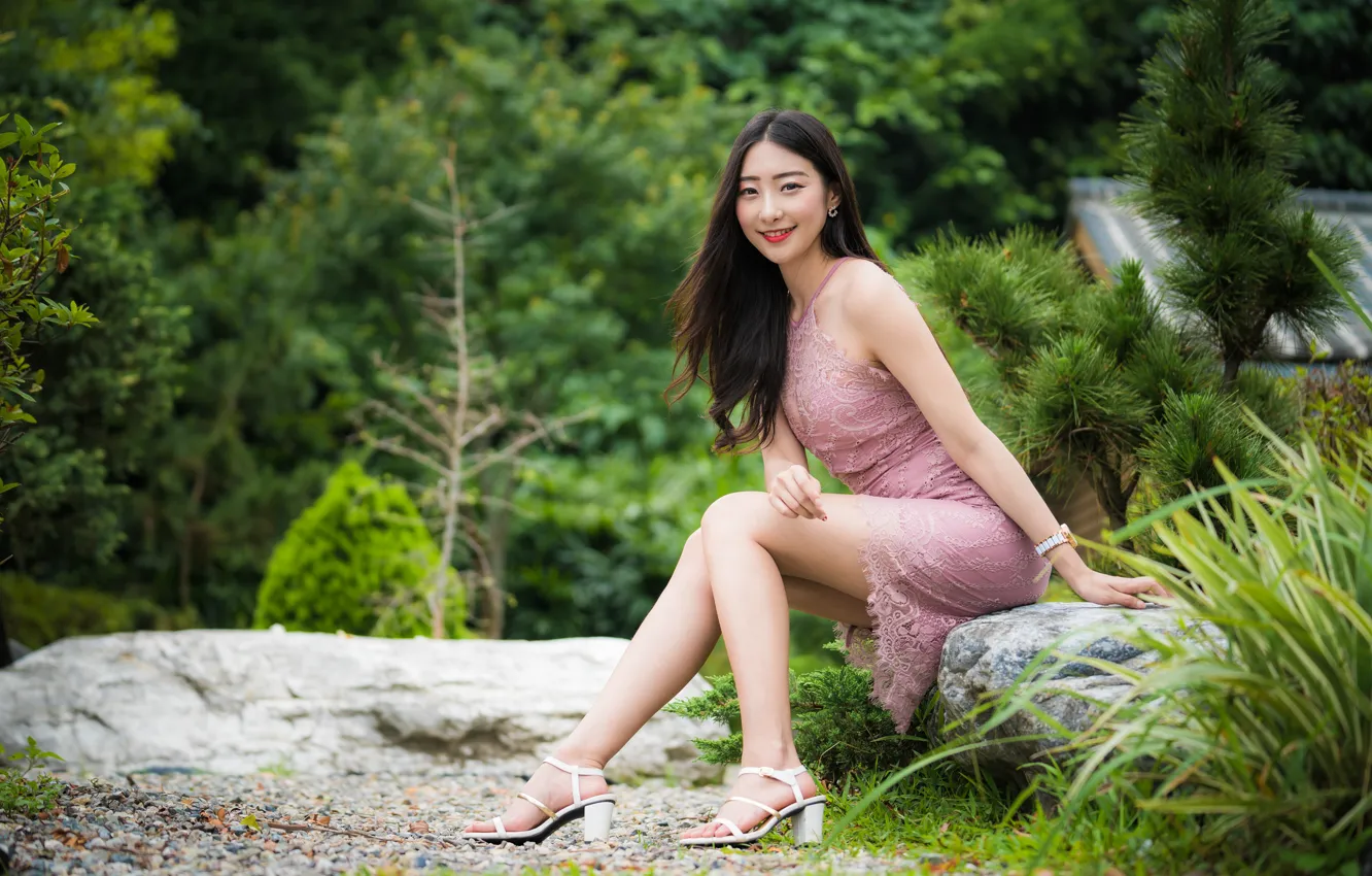 Photo wallpaper look, smile, hair, stone, dress, Asian, sitting, beautiful legs