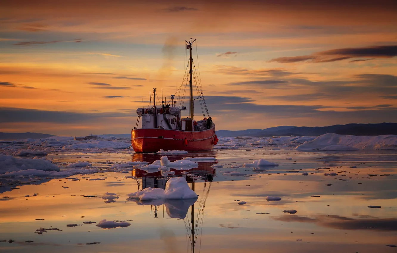 Photo wallpaper sea, sunset, ship, ice