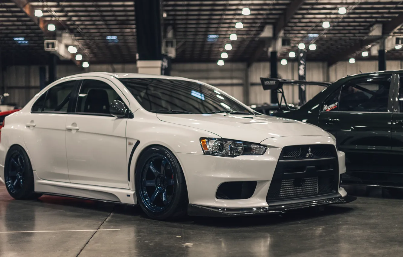 Wallpaper Mitsubishi, Lancer, White, stance, Lancer X, Blue Wheels ...