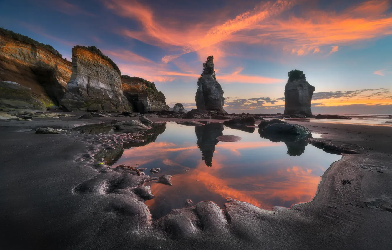 Photo wallpaper sea, the sky, water, sunset, reflection, stones, rocks, dawn