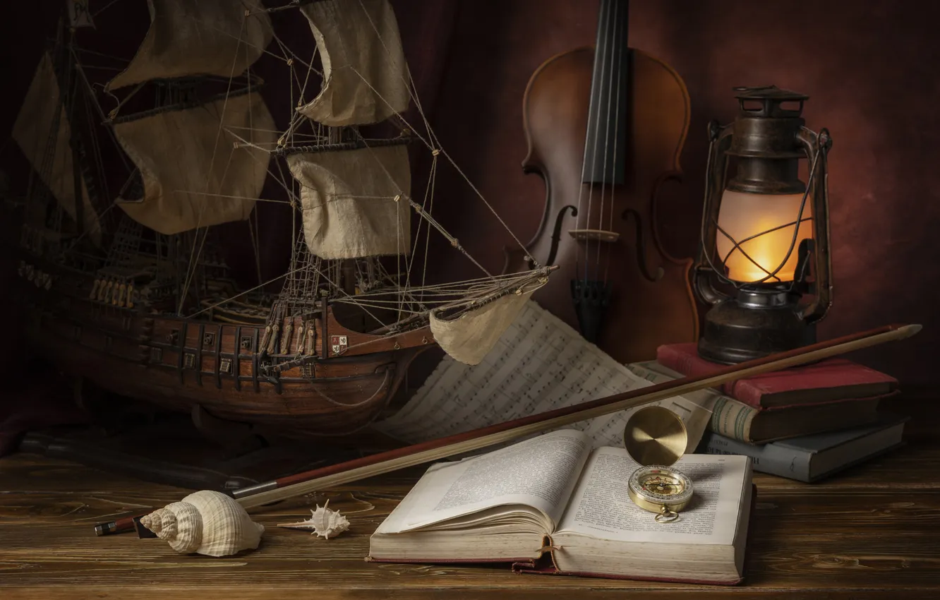 Photo wallpaper ship, lights, book, still life