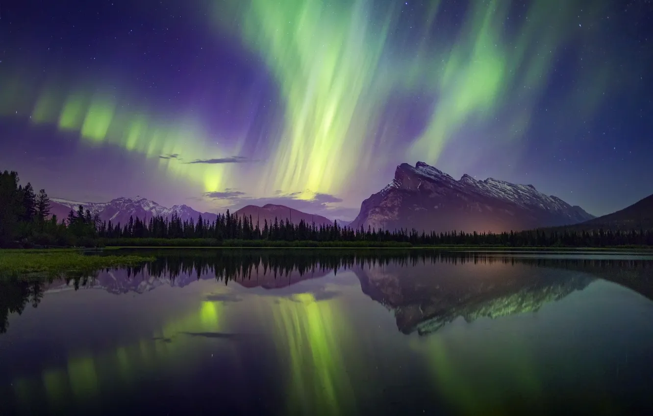 Photo wallpaper the sky, mountains, night, reflection, Northern lights