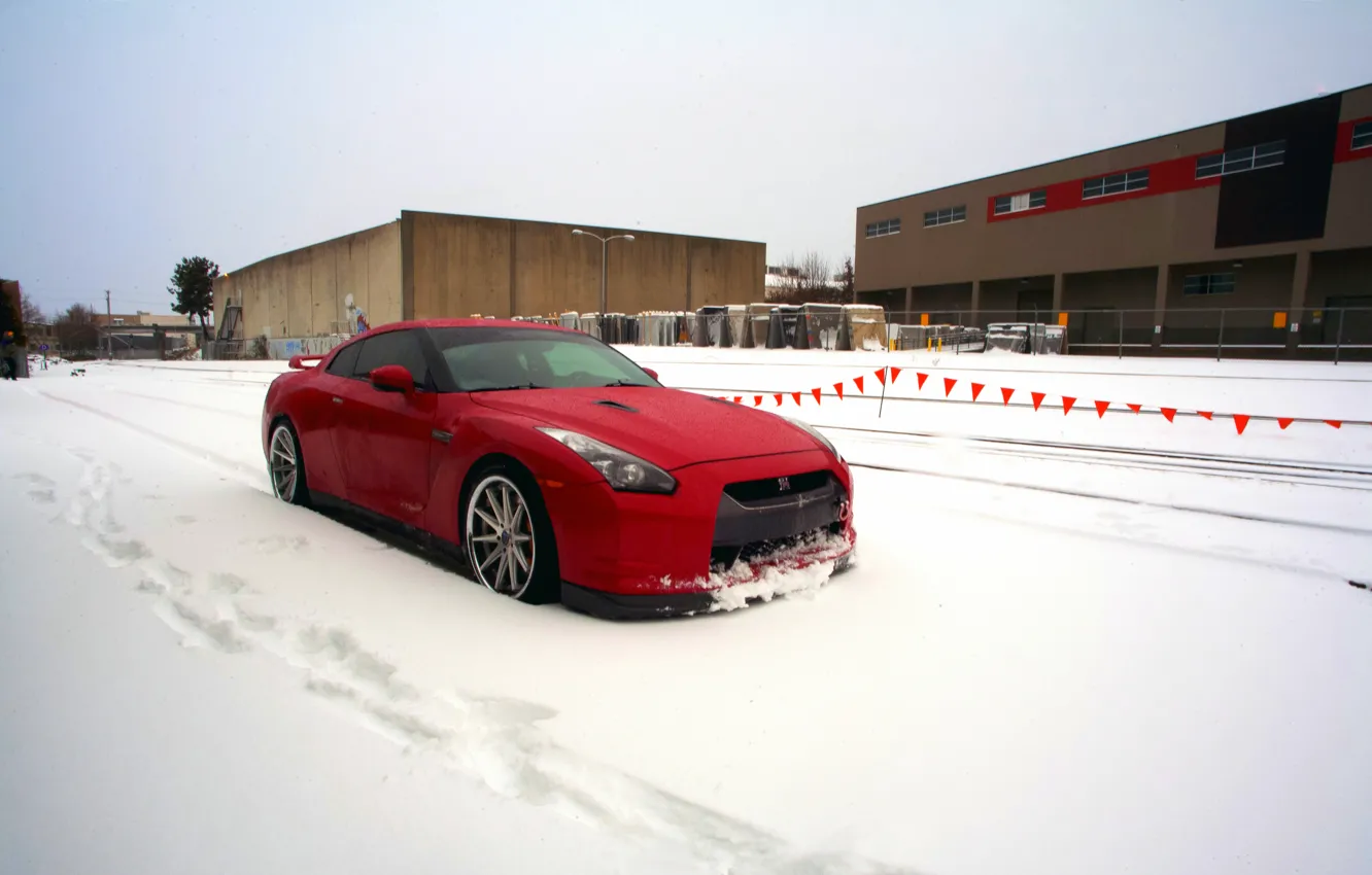 Photo wallpaper winter, snow, red, GTR, red, Nissan, wheels, sports car