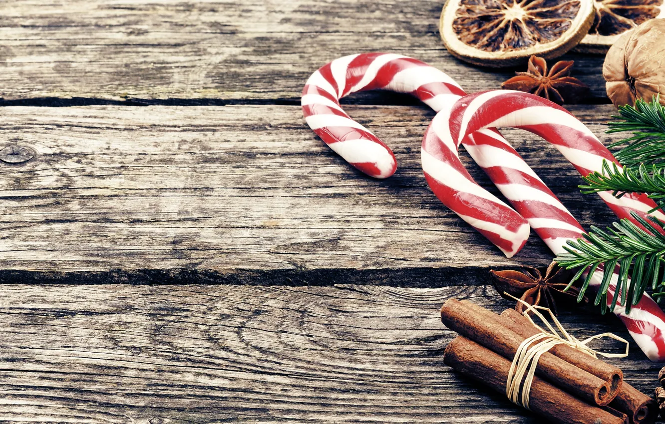 Photo wallpaper holiday, new year, spruce, lollipops, citrus, cinnamon