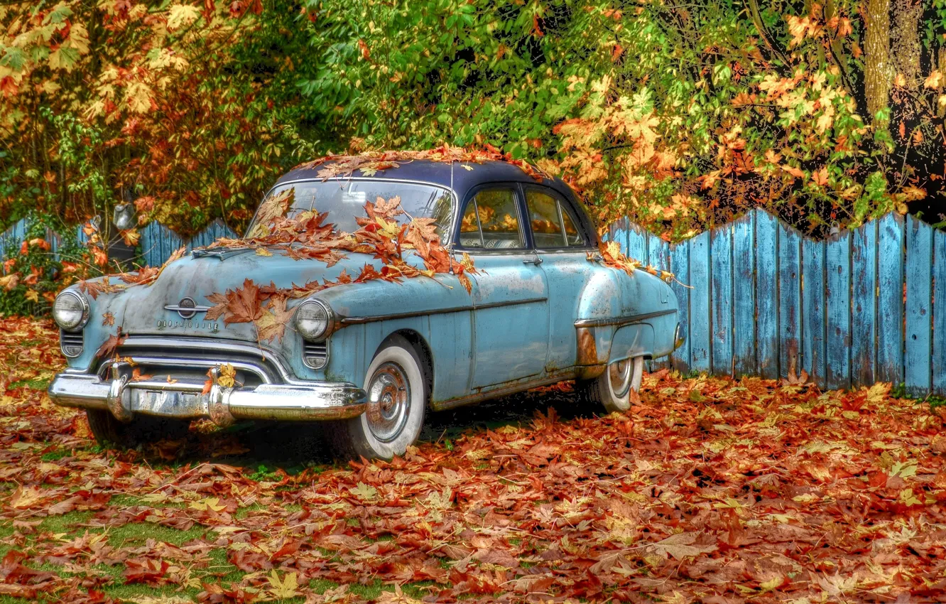 Photo wallpaper autumn, trees, retro, foliage, the fence, HDR, car, «Oldsmobile»
