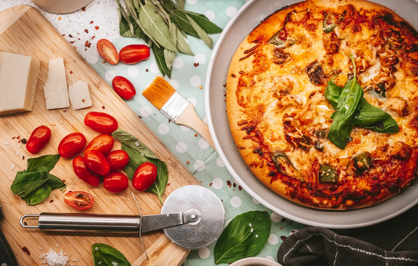 Photo wallpaper pizza, tomatoes, dough, ingredients