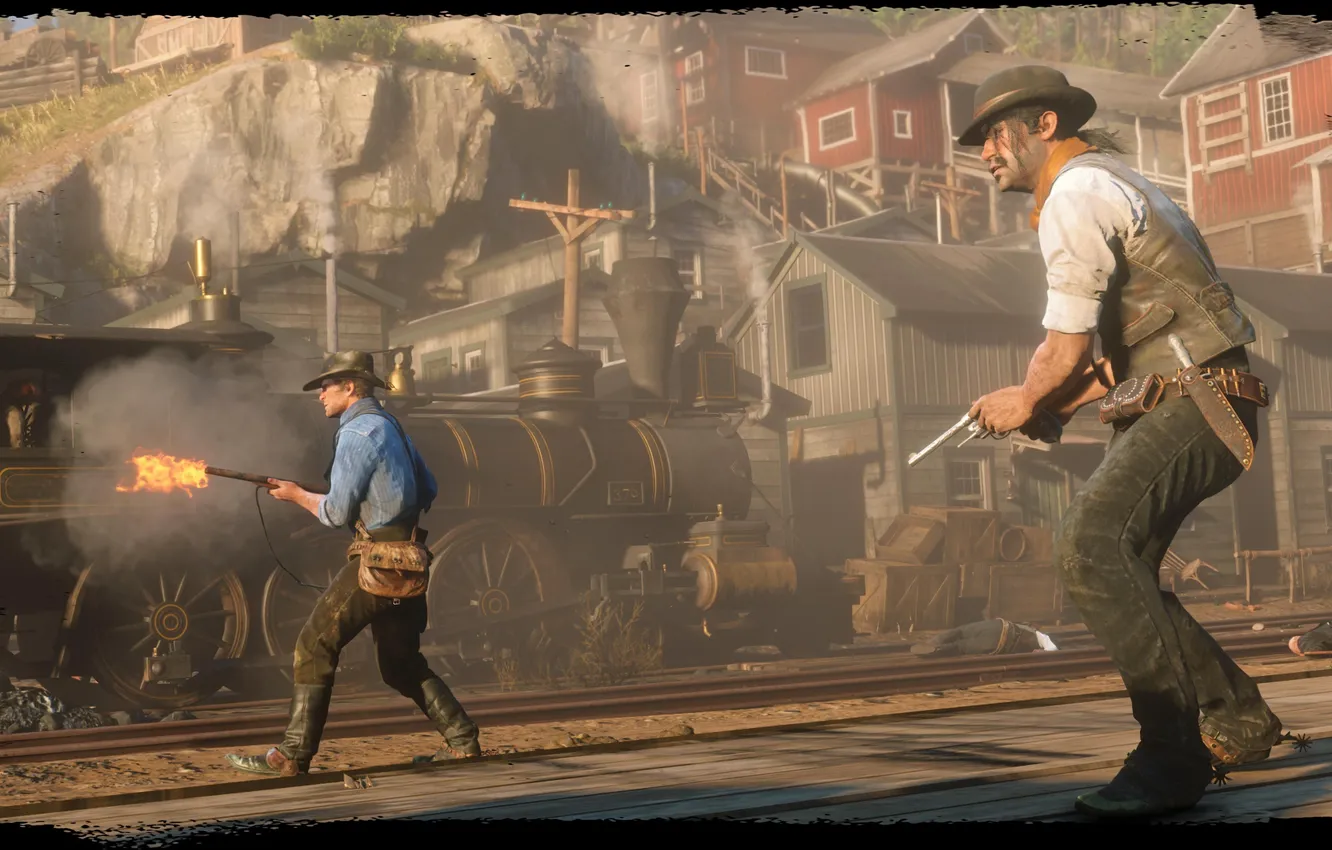Photo wallpaper rails, train, hat, the bandits, revolver, Rockstar, Red Dead Redemption 2, Arthur Morgan
