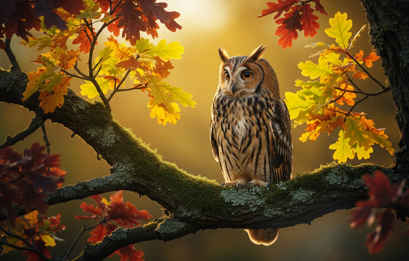 Photo wallpaper owl, oak, Bocca, branch