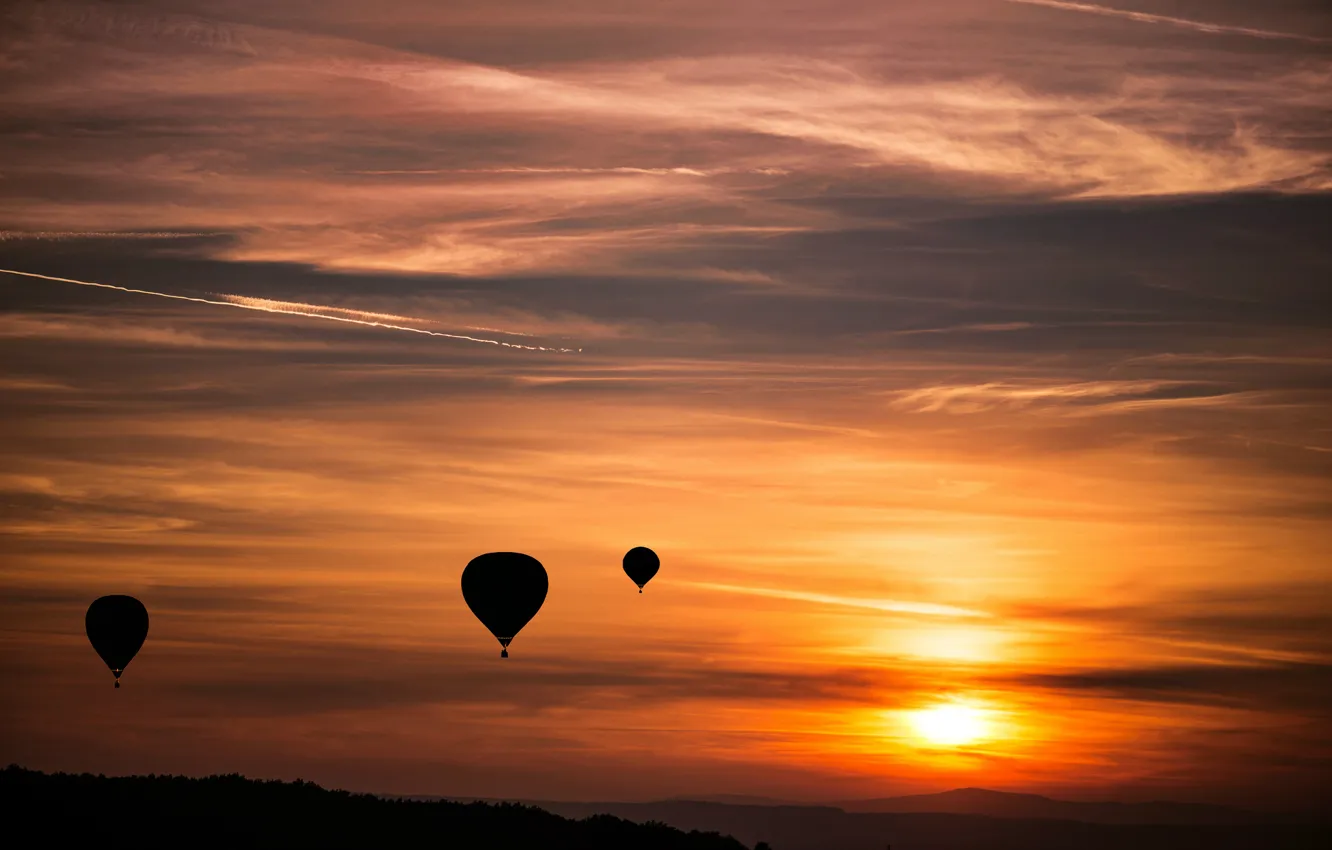 Photo wallpaper the sky, the sun, sunset, orange, balloons, the evening