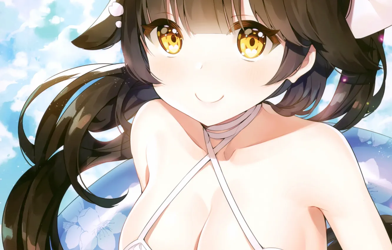 Photo wallpaper girl, sexy, cleavage, long hair, brown hair, boobs, anime, beautiful
