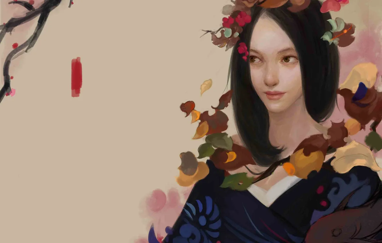 Photo wallpaper girl, flowers, background, fish, art