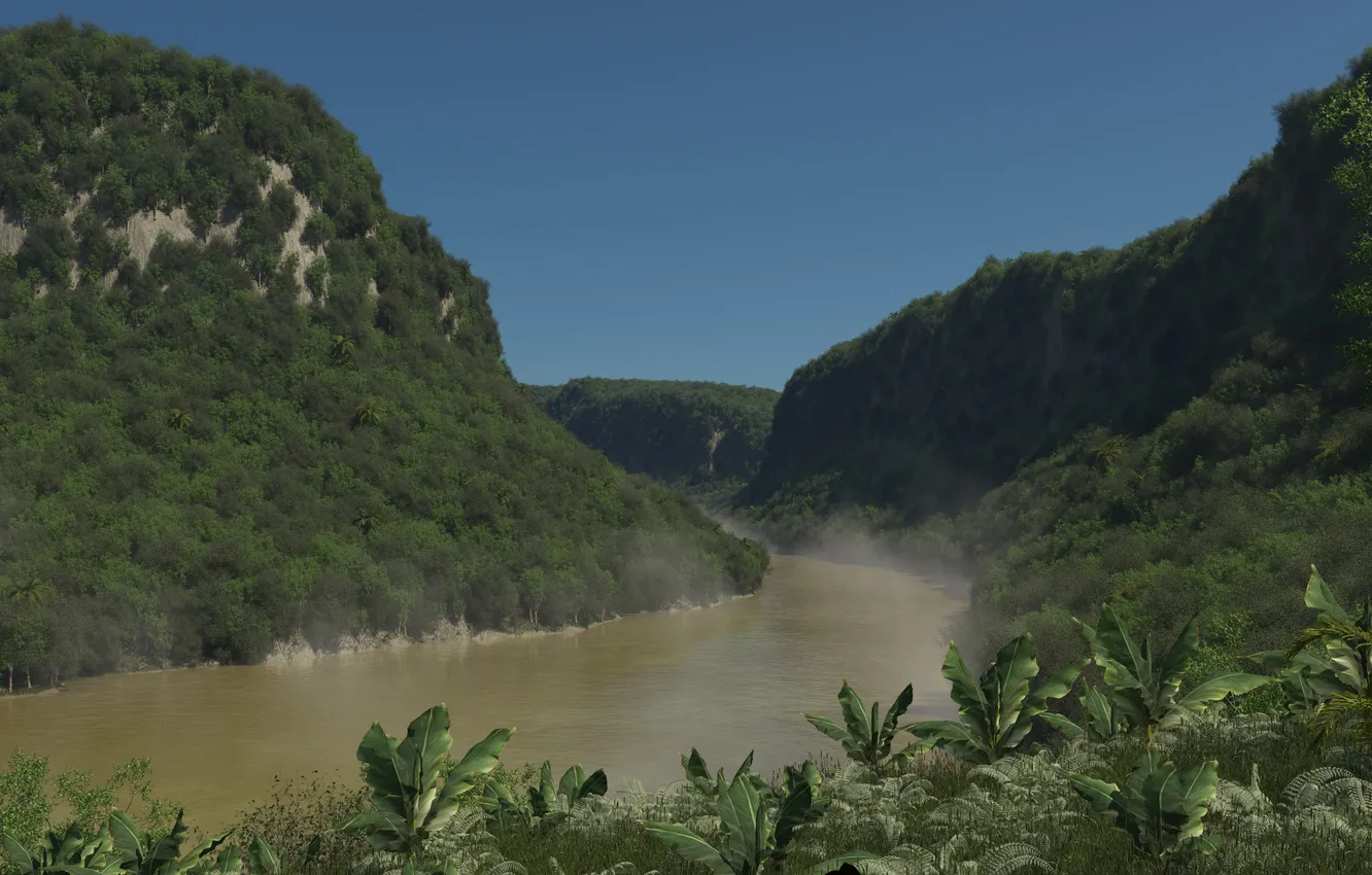 Photo wallpaper greens, forest, fog, river, hills, art, haze