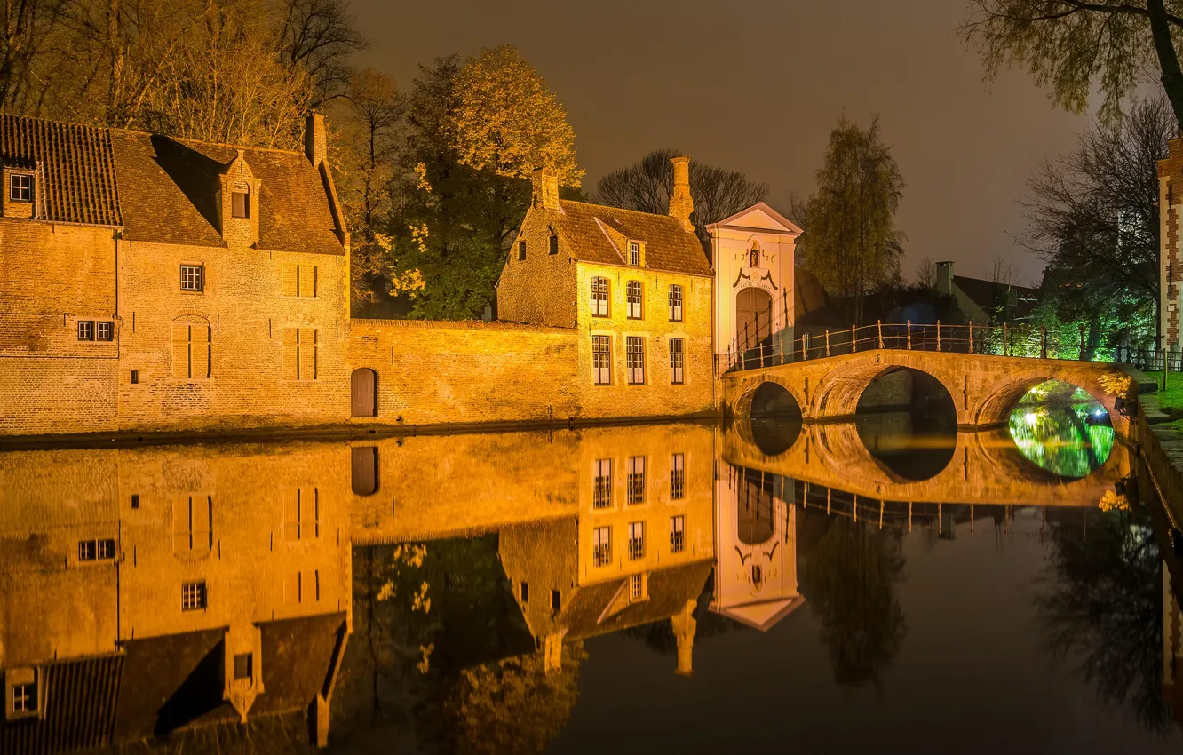 Photo wallpaper night, bridge, lights, home, channel, Belgium, Bruges